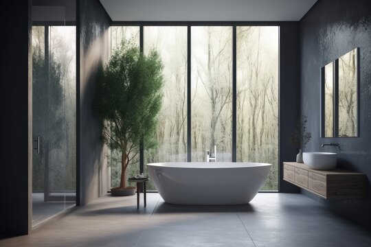 Interior of a bathroom in a deep gray color with a white wooden floor, a bathtub made of white, and trees hidden behind a glass wall. a banner. a mockup. Generative AI