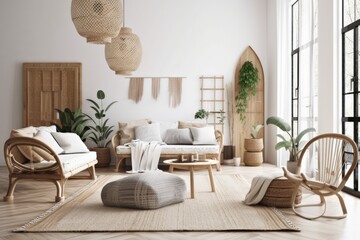 Scandinavian style, chic modern timber living room with a white background and rattan furnishings,. Generative AI