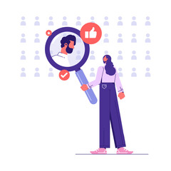 Recruitment searching the best candidate or job, Human resources, head hunt, woman use magnifying glass to choose job interview people