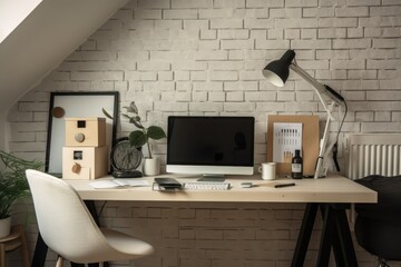 A close up of a loft style home office featuring a white desk, a faux laptop, stationery, decorations, and copy space. Generative AI