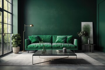 Mockup living room with emerald green painted walls, a green sofa, and a green coffee table. Generative AI