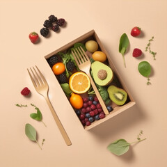 Naklejka na ściany i meble Ai mix food flat lay illustration, carton package fruits flatware presentation. Concept balanced healthy diet, ingredients meals, health benefits supplements vitamins. Cardboard packet copy-space