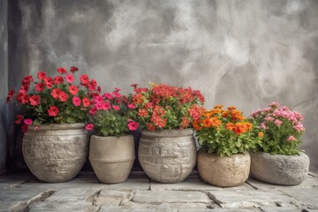 Potted flowers on a stone wall. Generative AI