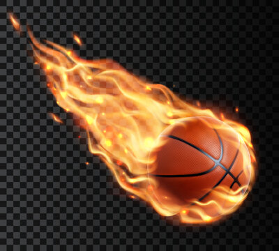 Flying basketball ball with fire flame trails. Vector falling meteorite ball with long blaze tongues. Realistic 3d sport inventory, hot contest promo, isolated sports equipment with ignition trace