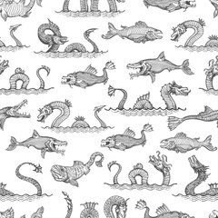 Ancient sea serpent, dragon and leviathan animals seamless pattern, vector background. Sea fish monsters and fantastic ocean creatures in vintage line hatching pattern, marine krakens with tentacles