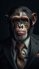 chimpanzee in a stylish business suit. Portrait of a business animal in a tuxedo. generative ai