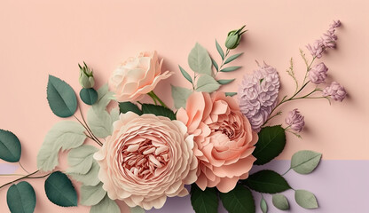 Bouquet of Pink Roses Flowers on a Pastel Pink Background, Generative AI