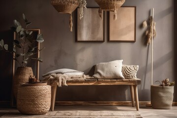 Stylish arrangement of a comfortable living room interior, complete with a retro style bench, mock up poster frame, clay vases, and straw accents. inspired by the rustic. summery mood. gray wall Templ