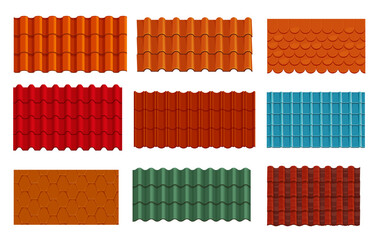 Roof tiles texture backgrounds and seamless patterns, vector house rooftops. Orange, red, green and blue roof top tiles of clay shingle, home rooftop covers and ceramic terracotta tilings © Vector Tradition
