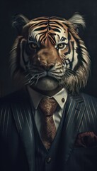 tiger bengal indian asian in a stylish business suit. Portrait of a business animal in a tuxedo. generative ai