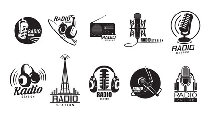 Online radio icons, radio station podcast and music sound, vector symbols. Web radio app icons for internet FM radio broadcast, online audio news and DJ live play stream in mobile application