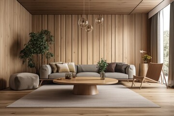 Interior of a contemporary timber living room with seating and a coffee table, as well as an empty mockup space on the wall. a lifestyle idea. Generative AI