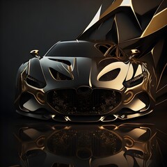 realistic abstract black and gold appearance of a sports car, geometric black and gold background, generated in AI
