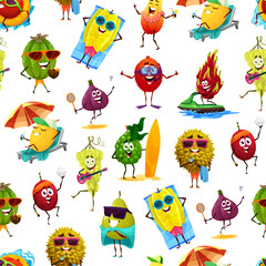 Fototapeta premium Cartoon tropical fruits on summer beach seamless pattern. Vector background feijoa, star fruit, guava, melon, figs, grapes, bergamot, plum, pear, lychee and durian relaxing and playing on sea resort