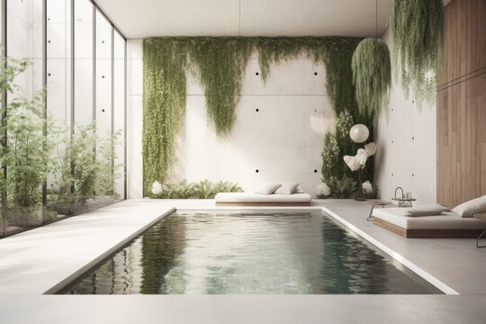 Swimming pool in an interior garden scene and mockup. Generative AI