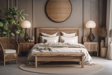 Bedroom interior in a rustic style with wooden furniture, interior scene and mockup. Generative AI