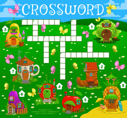 Crossword quiz game grid, fairytale magic houses and dwellings, vector quiz game. Crossword worksheet to guess word of elf home in cabbage, teapot and boot, gnome house hut in pineapple and apple