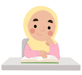 Illustration of a happy Muslim girl studying in class
