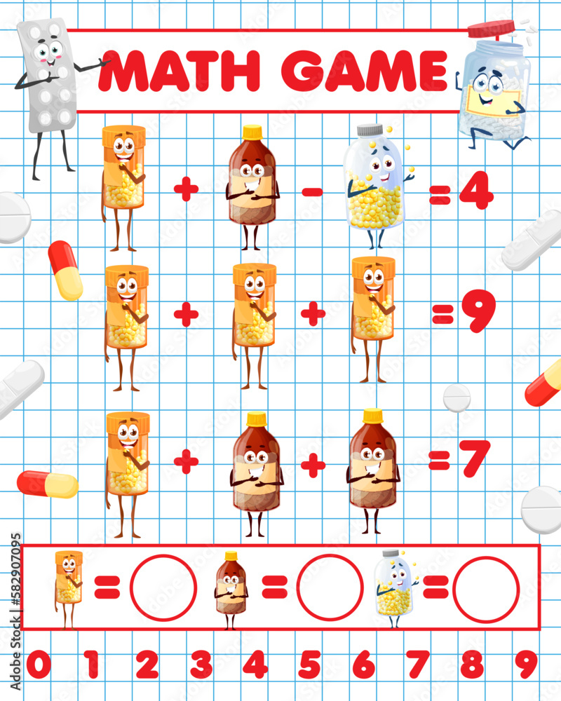 Poster cartoon pills and capsule characters math game worksheet. vector mathematics riddle for children edu