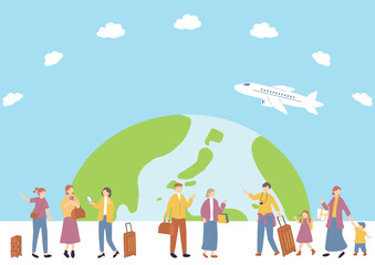 旅行を楽しむ人達　地球背景