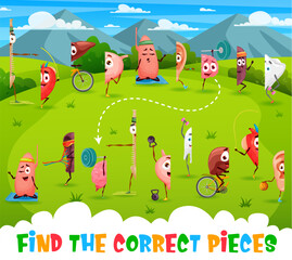Find correct piece of cartoon human organs sportsman characters, vector quiz puzzle. Heart on sport and brain on workout, liver and spleen in sport activity, picture match kids game or find same part