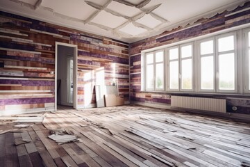 Room is empty with white walls, a wooden ceiling, and parquet flooring. The wall is covered in scraps of purple striped wallpaper with copy space. wall covering idea. Generative AI