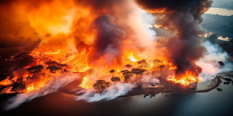 Intense flames from a massive forest fire. Flames light up the night as they rage thru pine forests and sage brush.	