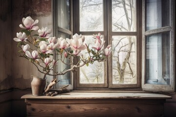 Magnolia flowers against a rustically styled, weathered wooden wall and window. jubilant interior. Generative AI
