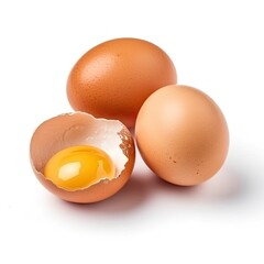Brown chicken eggs and egg yolk isolated on white background. generative ai