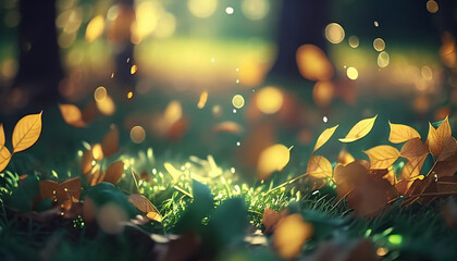Closeup view of falling leaves on grass in morning sunlight with bokeh,Generative AI