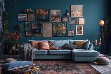 Various types of cushions are used on the cozy grey corner sofa in the stylish living room with the blue wall decorated with posters. Generative AI