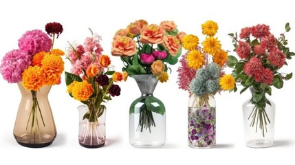 Collage with many beautiful bouquets and flowers in different vases on white background, generative ai