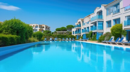 Fototapeta na wymiar hotel resort with swimming pool in blue summer tones with green scenery, generative ai