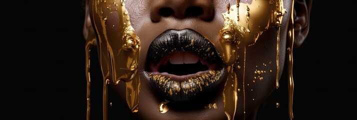 Lipstick dripping. Paint drips, lipgloss dripping from lips, liquid Gold metallic paint drops on beautiful african model silver girl's mouth, creative make-up. generative ai