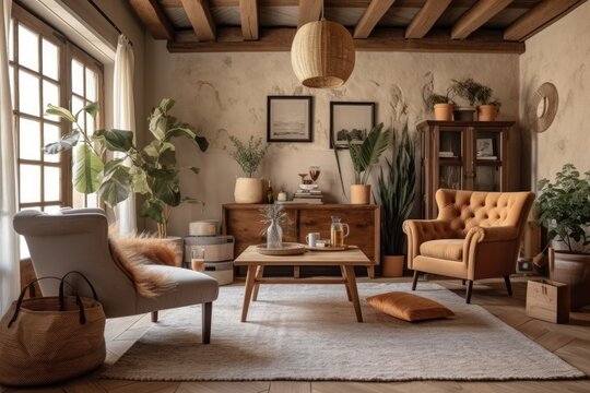 cozy interior of a farmhouse living room. Generative AI