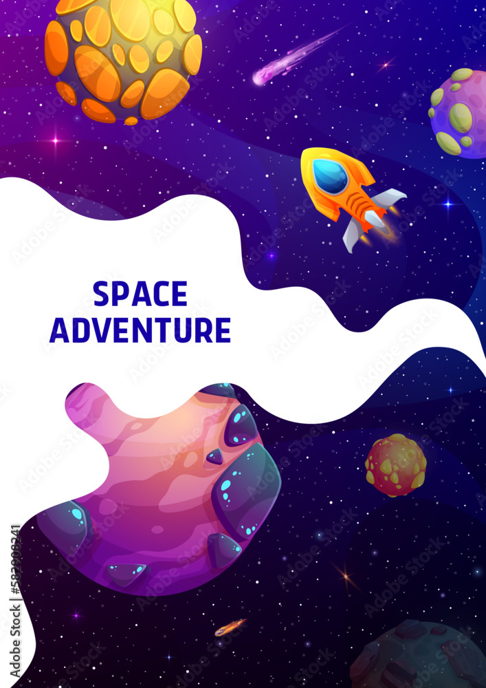 Poster space landing page, cartoon spaceship in starry galaxy. vector futuristic poster with shuttle engine