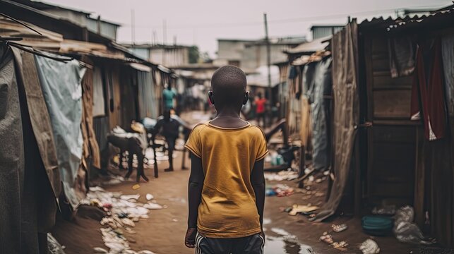 poor kid standing in the slum. view from behind, generative ai
