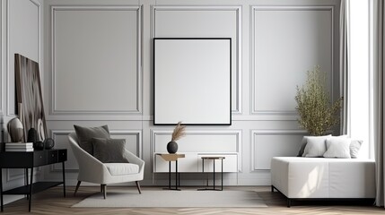 Fototapeta na wymiar White Blank Mockup poster frame on the wall of living room. Luxurious apartment background with contemporary design. Modern interior design. generative ai