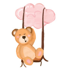 Cute teddy bear watercolor activity design isolated on white background. can be used for baby shower or kid posters; with white isolated background