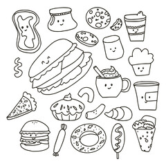 Set of hand drawn fast food isolated on white background