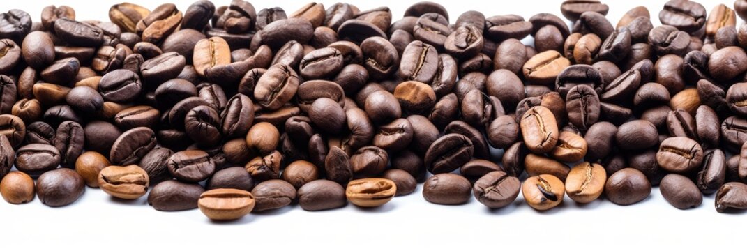 wide panorama background of fresh roasted arabica coffee espresso beans isolated on white background. generative ai