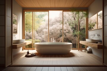 Overlooking a contemporary Japanese wooden bathroom with a bathtub, zen architecture interior design concept, is a white table, desk, or shelf with five soft white pillows in the shapes of stars or fl