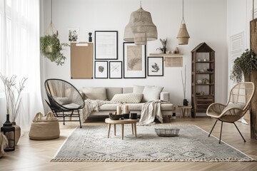 living room, boho scandinavian style, mock up wall, contemporary home interior,. Generative AI