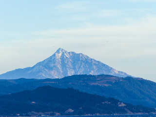Snow-Capped Mount Athos or Olympus: A Majestic Sight - obrazy, fototapety, plakaty