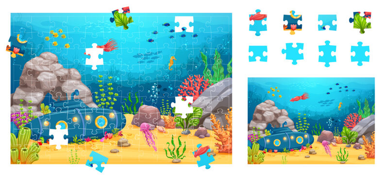 Underwater landscape for jigsaw puzzle game pieces, vector kids worksheet. Cartoon undersea fishes and coral reef animals with sunken submarine boat, seahorse and squid on picture puzzle jigsaw