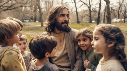 Modern Day Jesus Talking and Playing With Young Children in the Park - Generative AI.