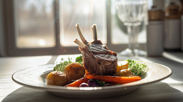 Fresh Succulent Lamb Chops and Vegetables Dish - Generative AI.- Generative AI.