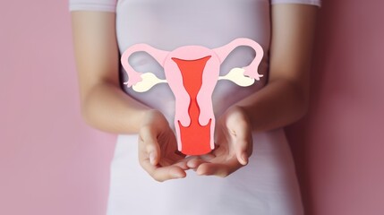 Women's health, gynecology and reproductive system concept. Woman hands holding decorative model uterus on pink background. Top view, copy space, GENERATIVE AI