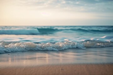 Obraz premium Seascape beach background. light of calm sea and blue sky. Focus on sand foreground. generative ai