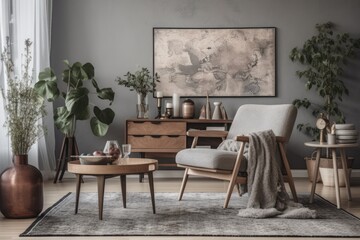 Stylish grey armchair, coffee table, plants, mock up poster map, carpet, and personal accessories make up this modern vintage home interior concept. Stylish living room furnishings. Generative AI